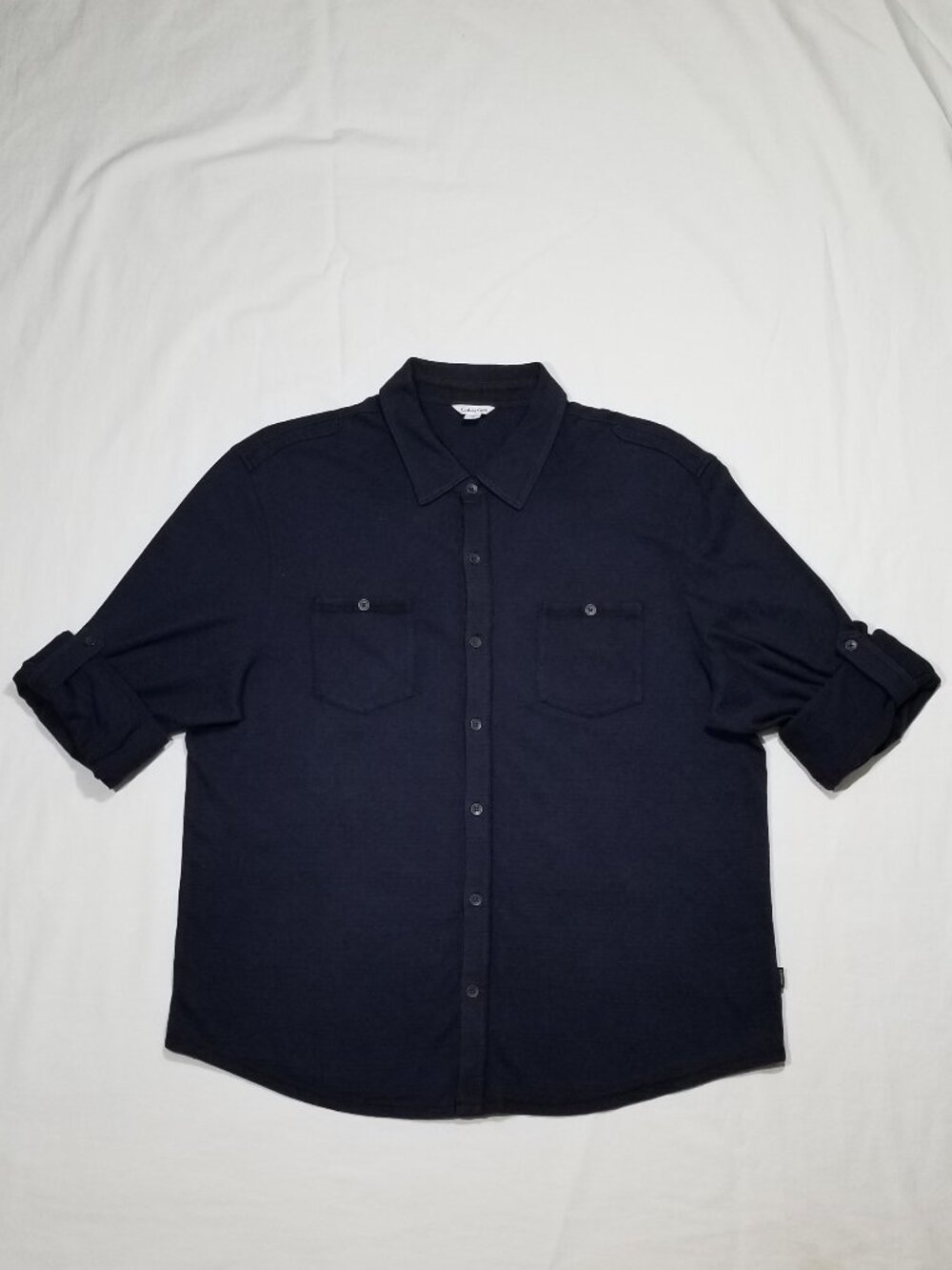 CALVIN KLEIN Button Down Shirt Roll Tab Sleeve Navy Blue 7123E1MD